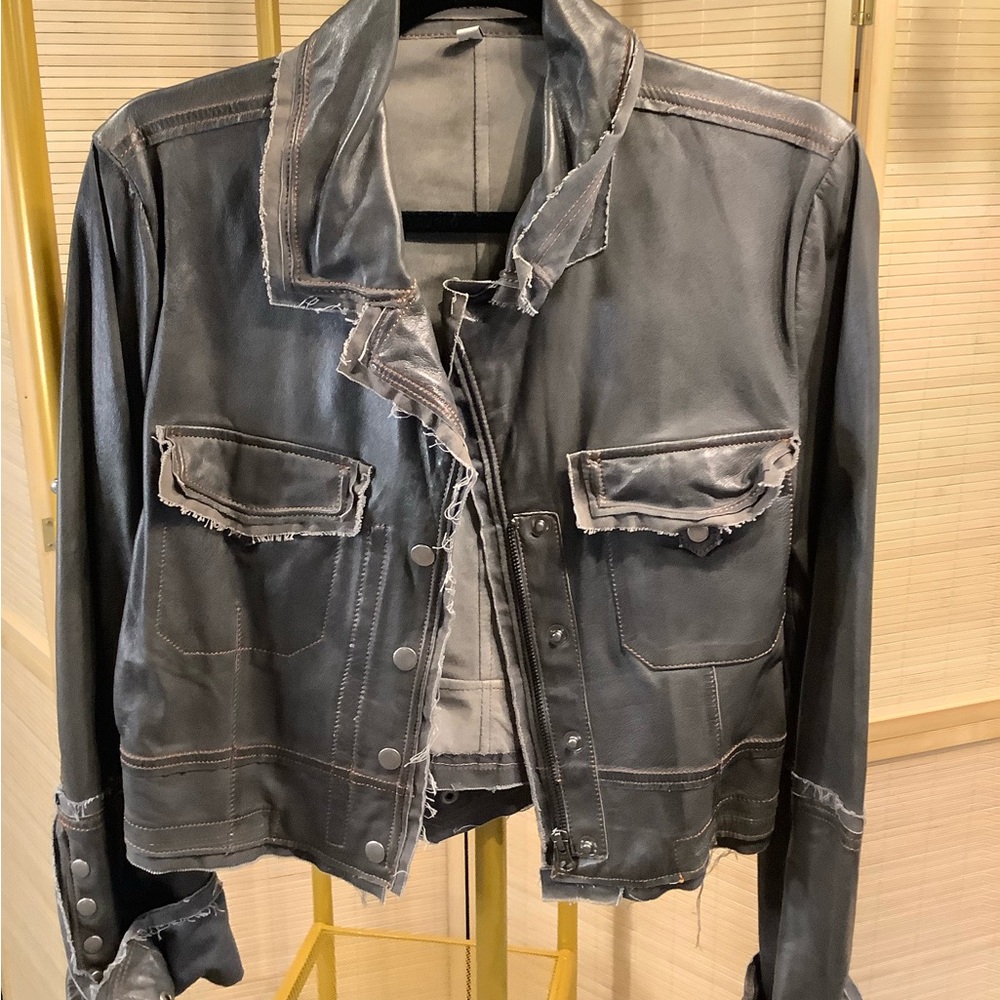 Frayed & Distressed Edge Black AUTHENTIC Leather Jacket - Jakett